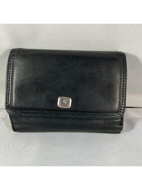 Black Leather Tri-Fold Wallet With Snap Closure & Zippered Coin Pocket For Women